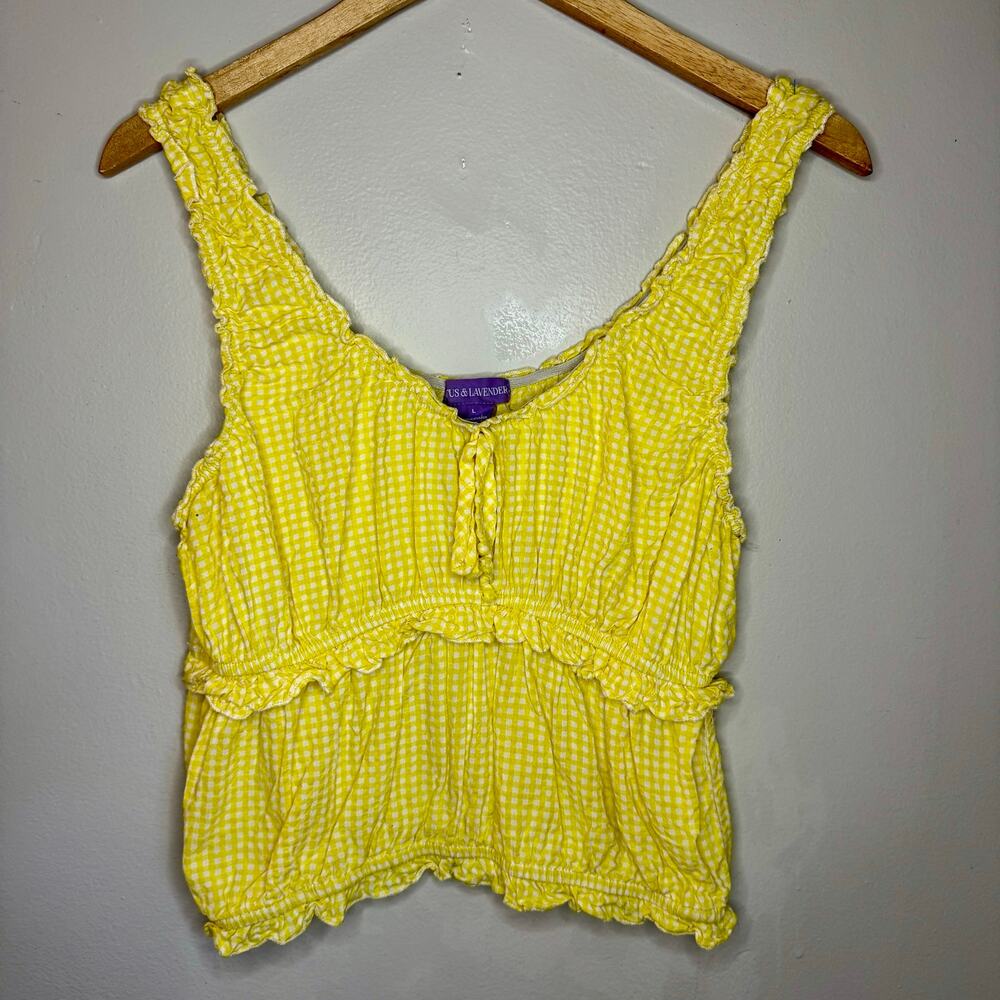 Citrus & Lavender Yellow Gingham Ruffle Smocked Cami Tank Top Large
